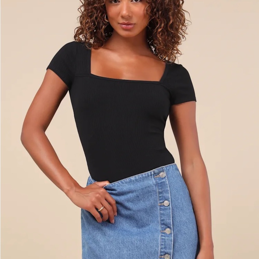Lulus Black Ribbed Square Neck Bodysuit Minimalist